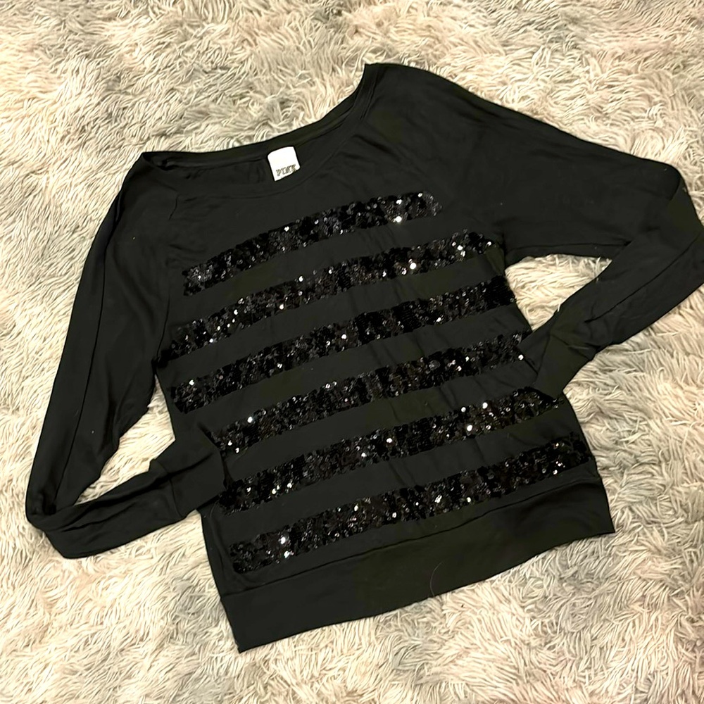 PINK Victoria Secret Black Long Sleeve Striped Sequined Fun! Size S Love it!